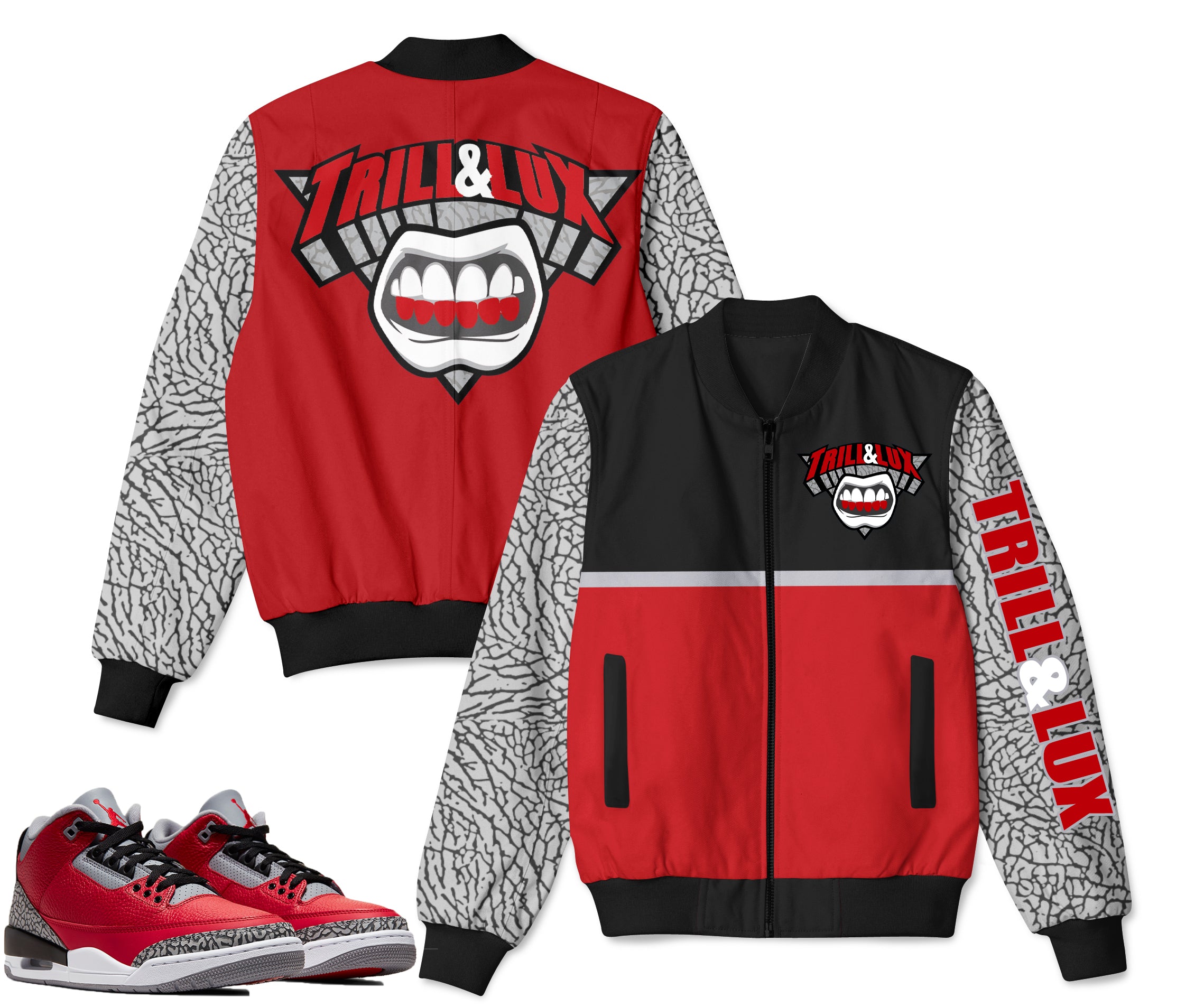 Trill and Lux Retro Jordan 3 RED CEMENT Inspired Bomber Jacket Trill Lux