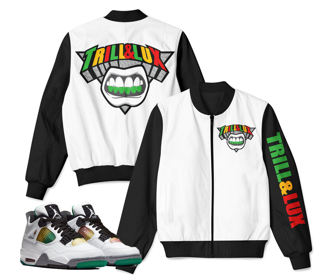 TRILL & LUX | Retro Jordan 4 Lucid Green Rasta  Inspired Bomber Jacket