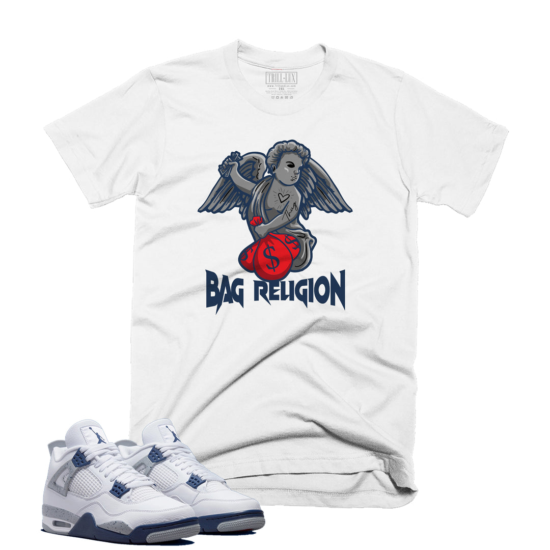 Bag Religion Tee | Retro Air Jordan 4 Midnight Navy Colorblock T-shirt