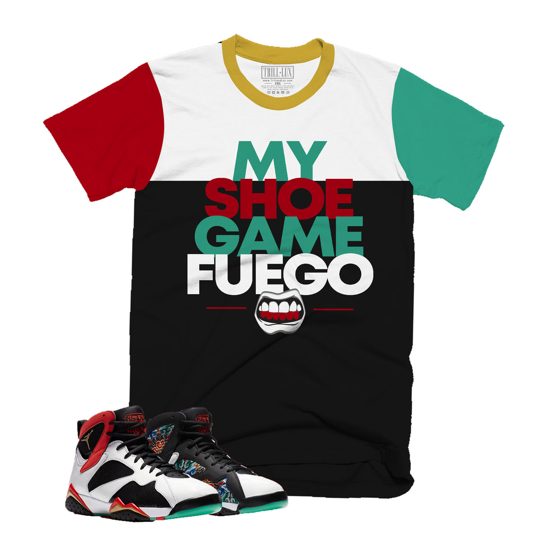 Shoe Game Fuego | Retro Air Jordan 7 Chile Red Colorblock T-shirt