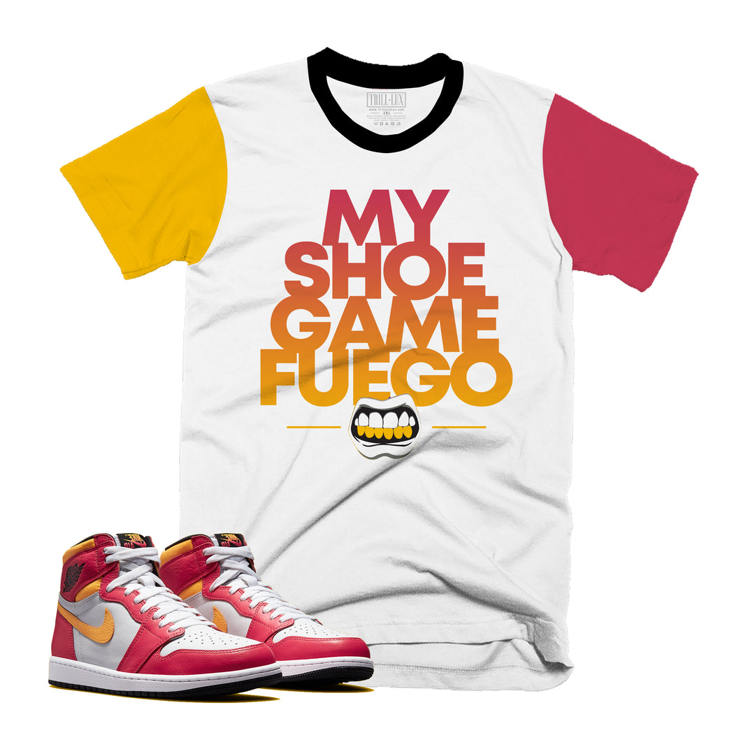 Shoe Game Fuego Tee | Retro Air Jordan 1 Fusion Red Colorblock T-shirt