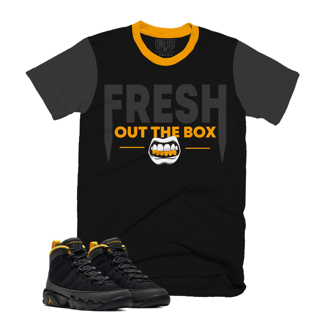 Fresh Out the Box Tee | Retro Air Jordan 9 University Gold T-shirt |