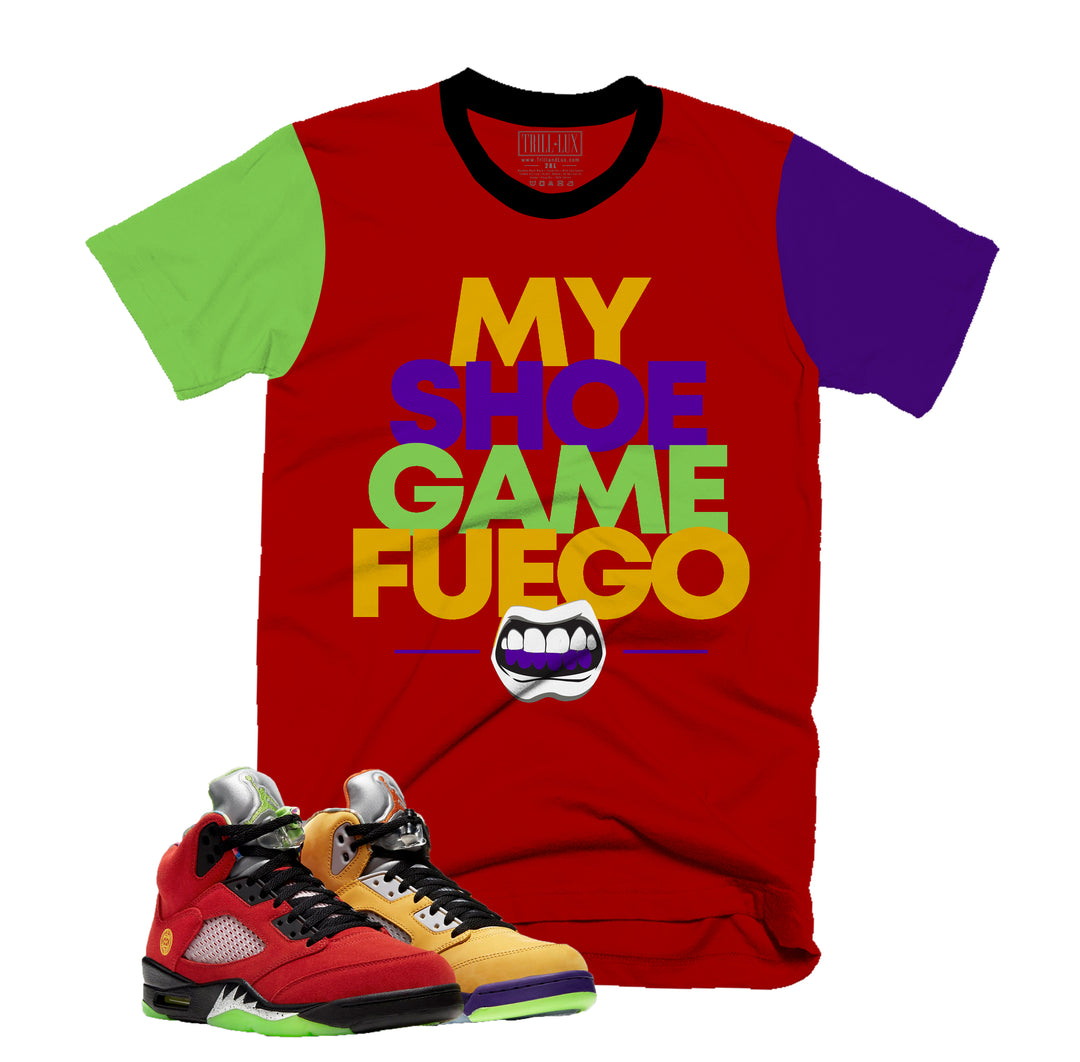 Shoe Game Fuego Tee | Retro Air Jordan 5 What The Colorblock T-shirt