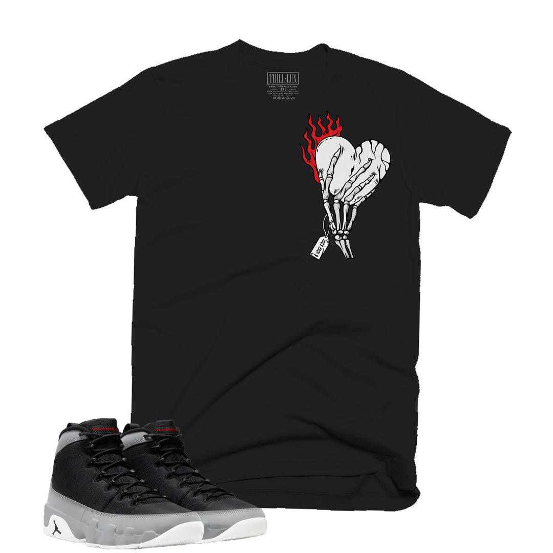 Heart on Fire Tee | Retro Air Jordan 9 Black and Particle Grey T-shirt