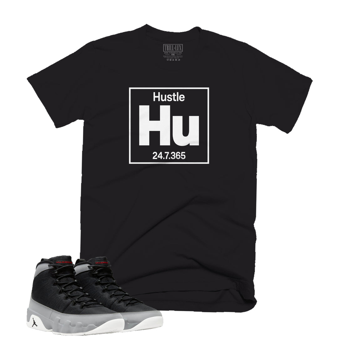 Hustle Hu Tee | Retro Air Jordan 9 Black and Particle Grey T-shirt