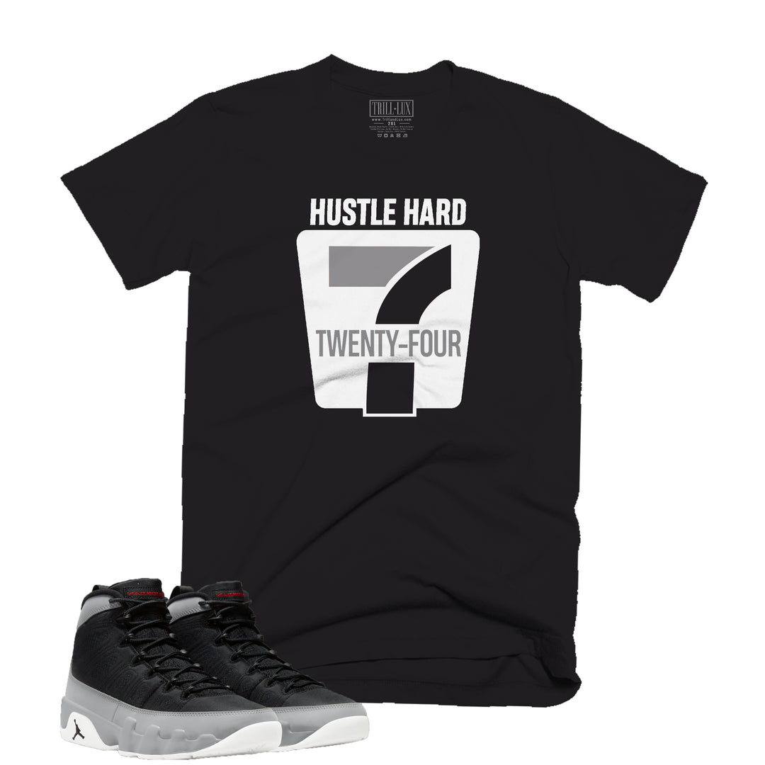 Hustle 24/7 Tee | Retro Air Jordan 9 Black and Particle Grey T-shirt