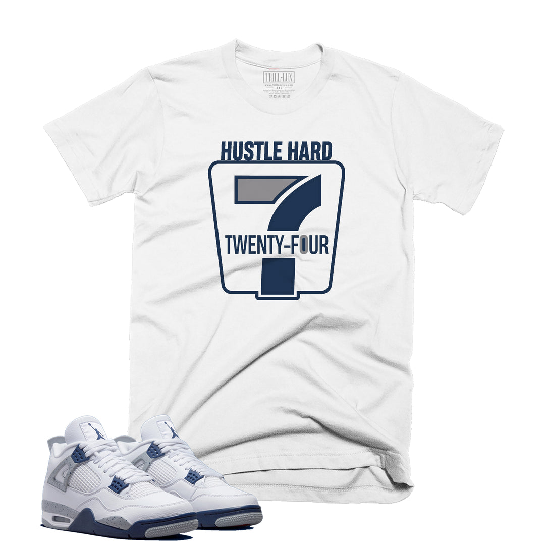 Hustle 24/7 Tee | Retro Air Jordan 4 Midnight Navy Colorblock T-shirt