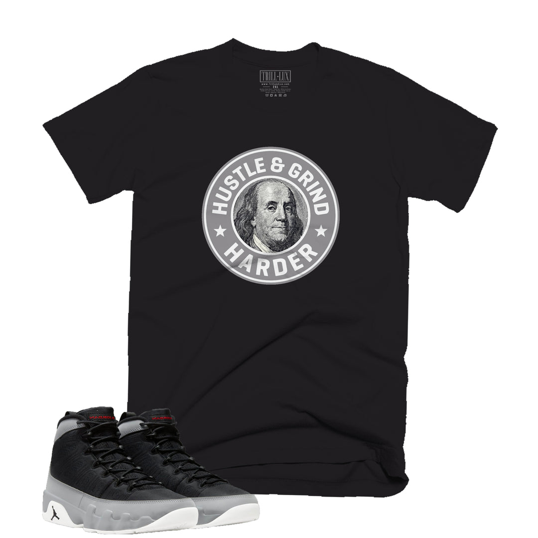 Hustle Harder Tee | Retro Air Jordan 9 Black and Particle Grey T-shirt