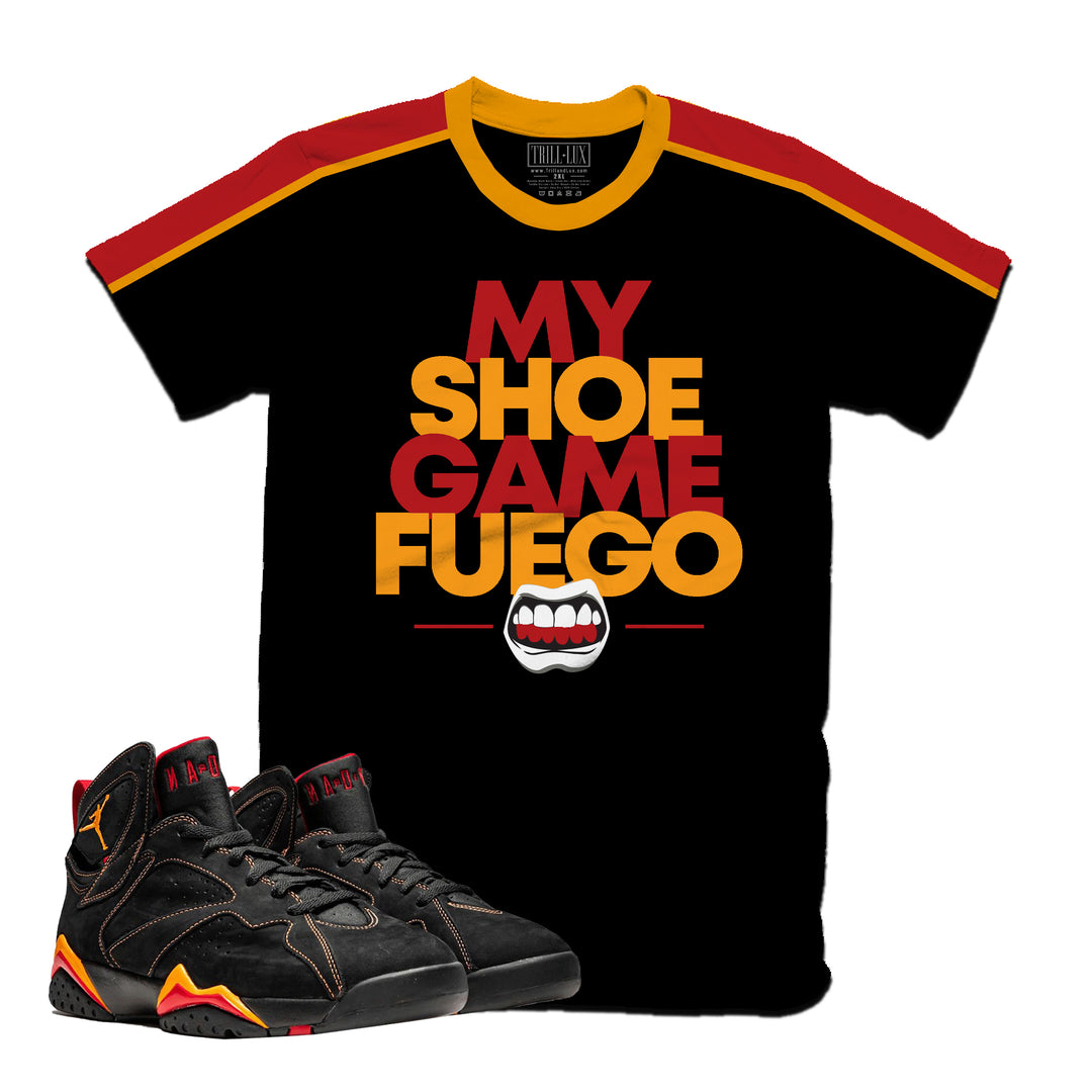 Shoe Game Fuego | Retro Air Jordan 7 Black Citrus Colorblock T-shirt