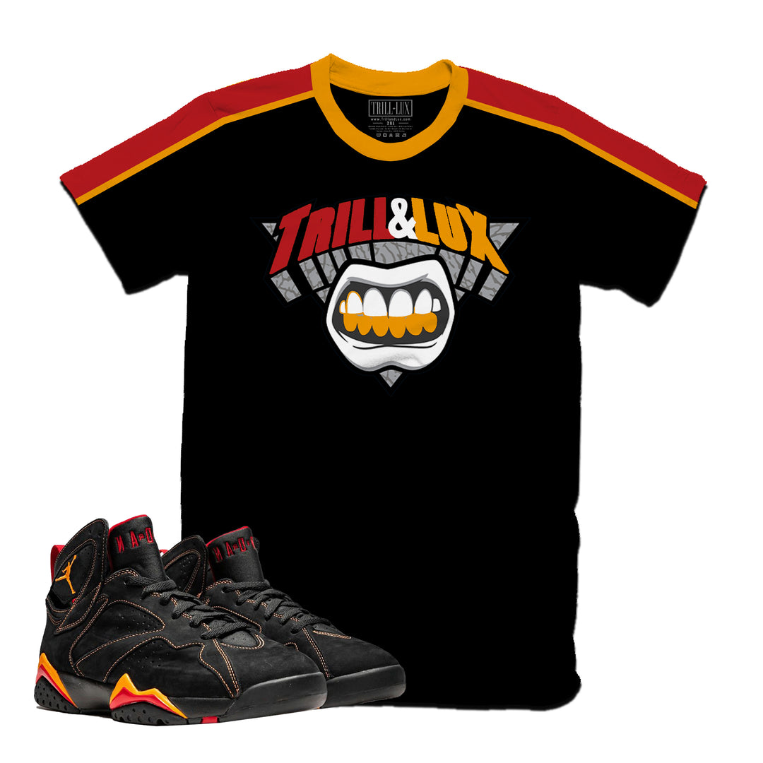 Trill & Lux Knick | Retro Air Jordan 7 Black Citrus Colorblock T-shirt