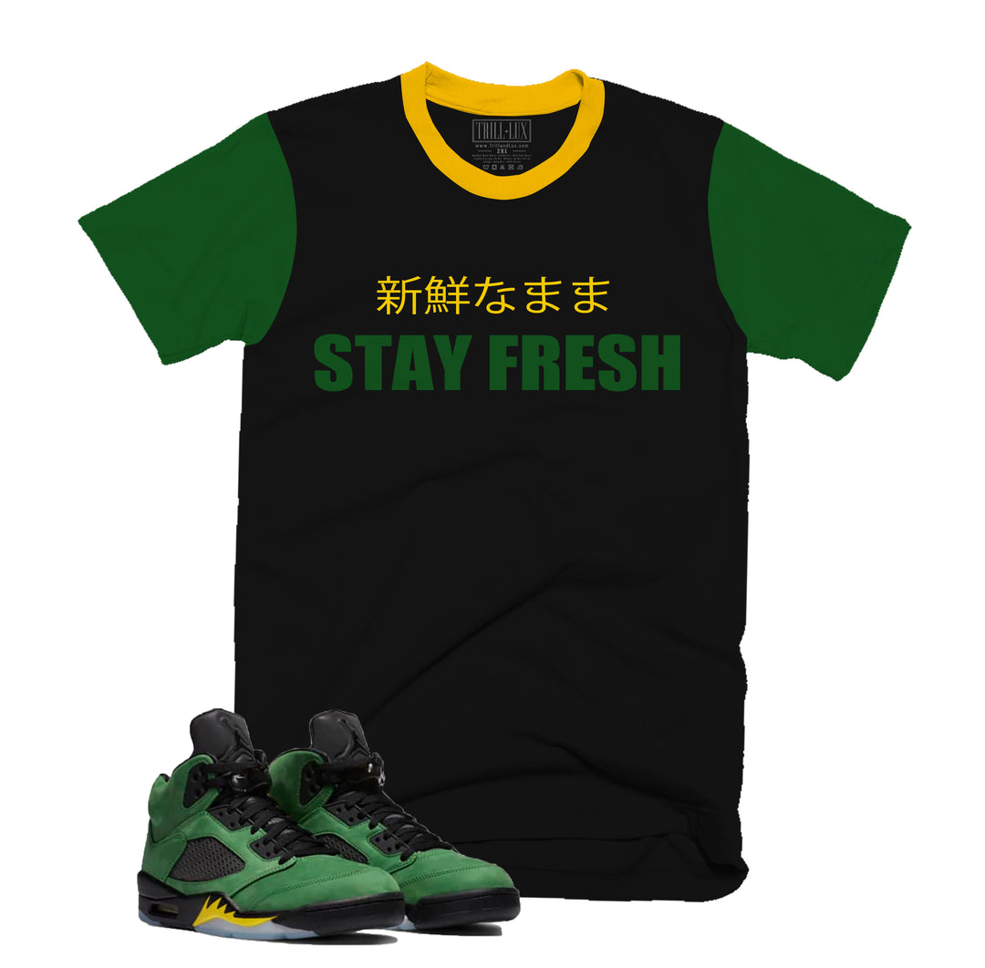 Trill & Lux Stay Fresh Tee | Retro Air Jordan 5 Apple Green Colorblock T-shirt