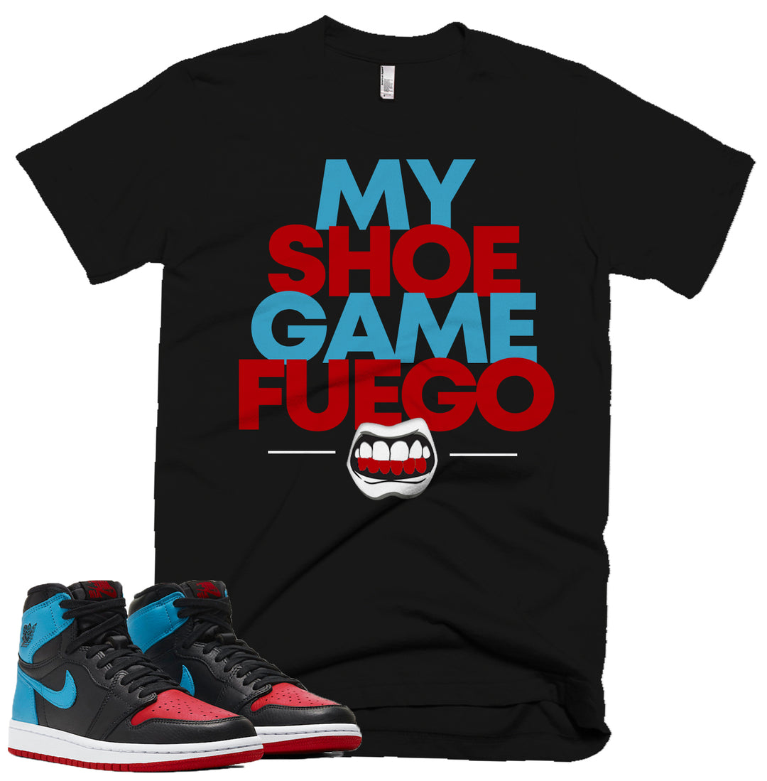 Trill & Lux  I My Shoe Game Fuego Tee | Retro Jordan 1 NC to CHI Colorblock T-shirt