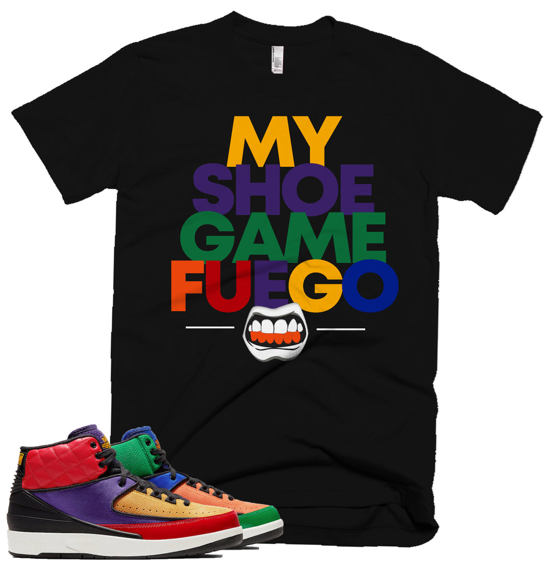 Trill & Lux  I My Shoe Game Fuego Tee | Retro Jordan 2 Multi Color  Colorblock T-shirt