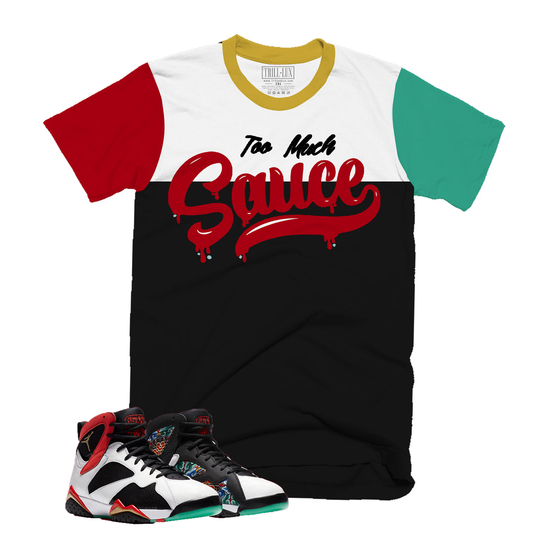 Too Much Sauce | Retro Air Jordan 7 Chile Red Colorblock T-shirt