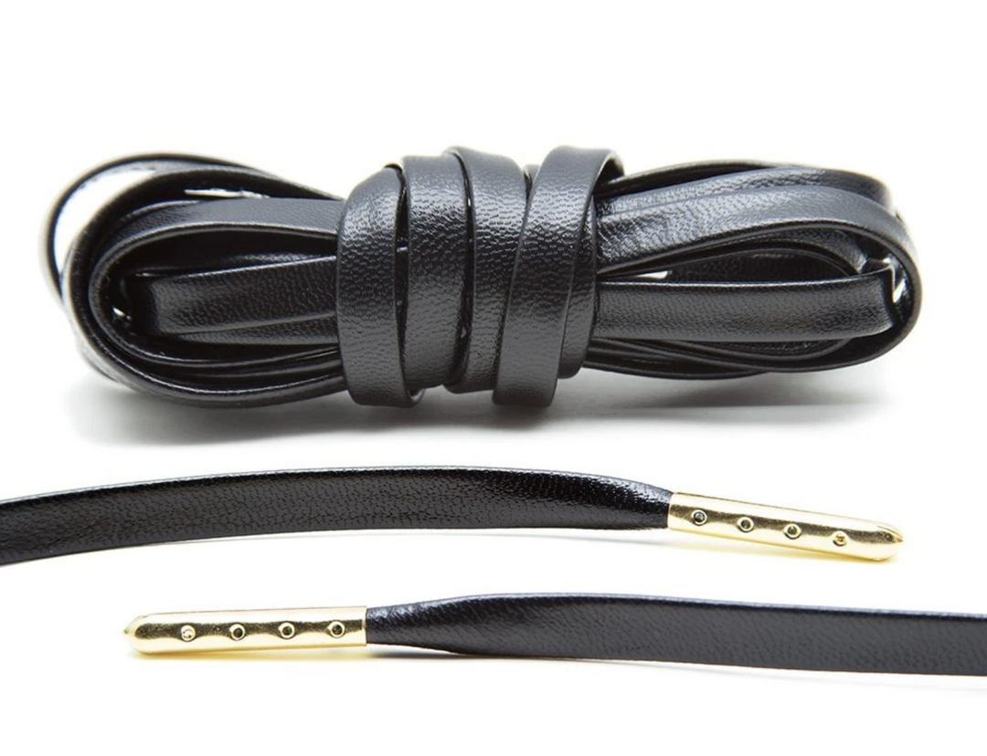 Luxury Black Leather Shoelaces with Gold Tips
