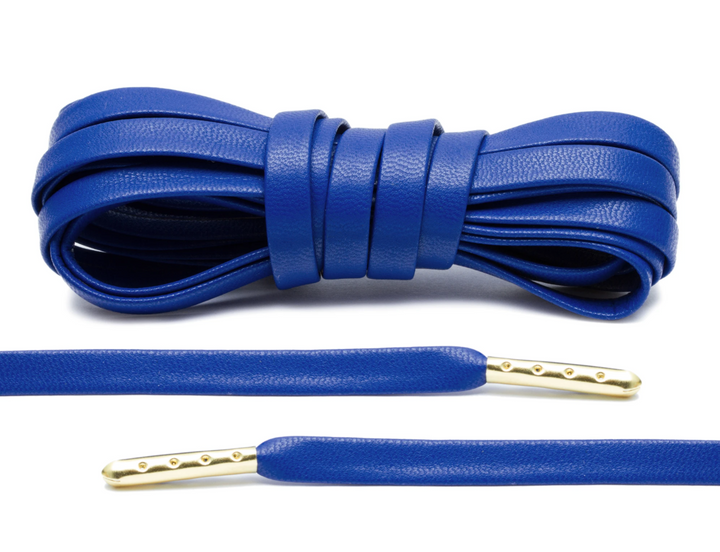 Luxury Royal Blue Leather Shoelaces with Gold Tips