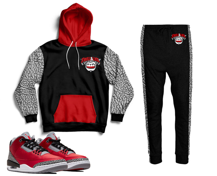 Trill and Lux | Retro Jordan 3 Red Cement Inspired Hoodie and Jogger Chicago BLACK