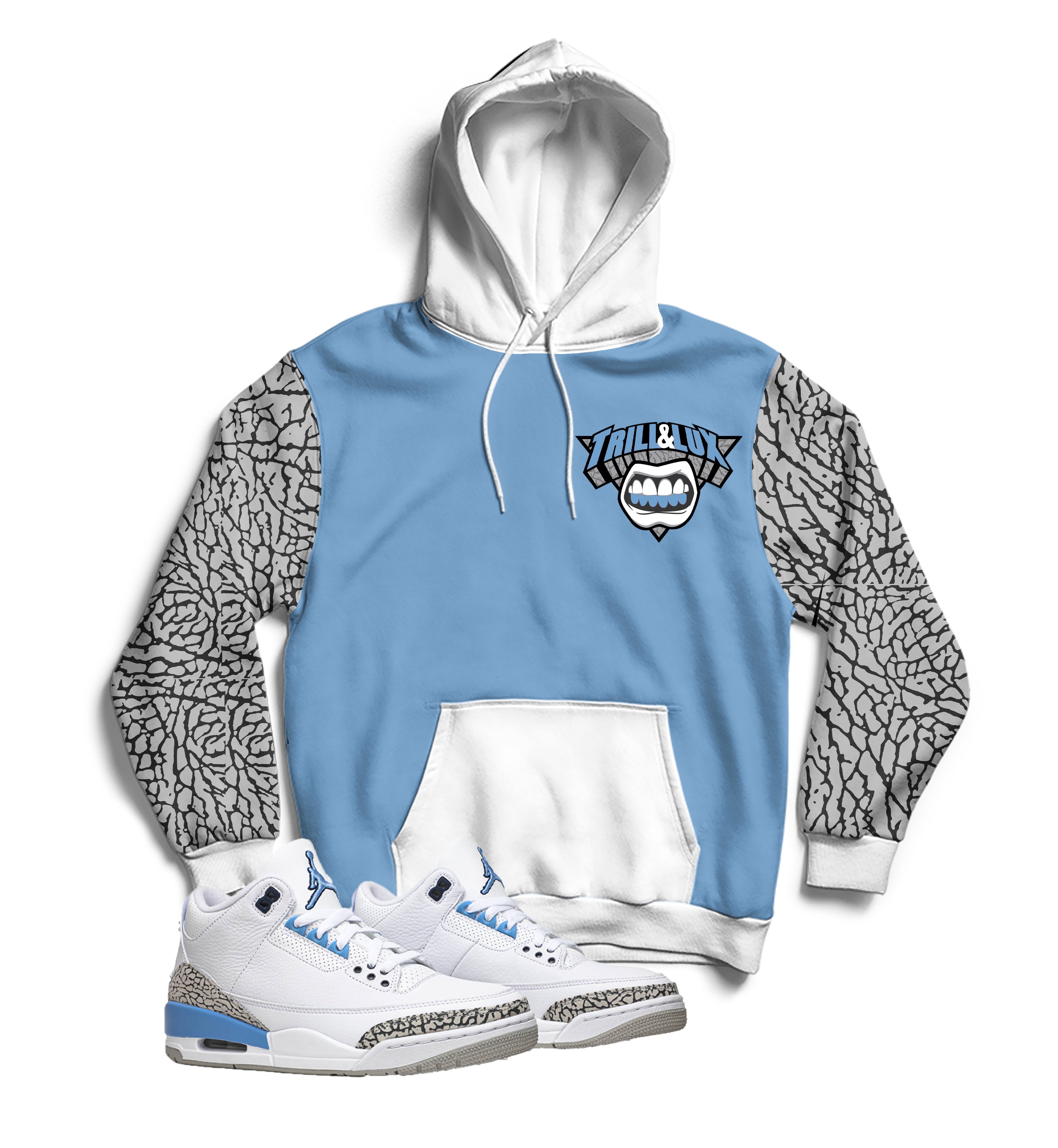 Trill and Lux Retro Jordan 3 UNC Inspired Hoodie v2 Trill Lux