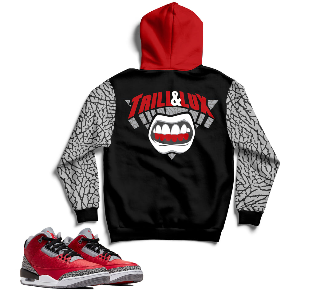 Trill and Lux | Retro Jordan 3 Red Cement Inspired Hoodie Chicago BLACK