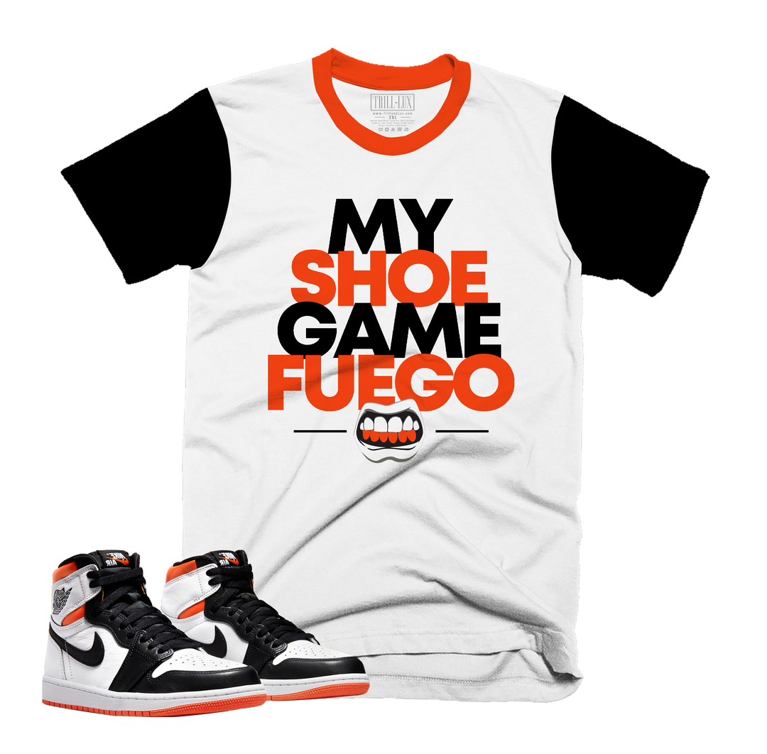 Shoe Game Fuego Tee | Retro Air Jordan 1 Electro Orange Colorblock T-shirt
