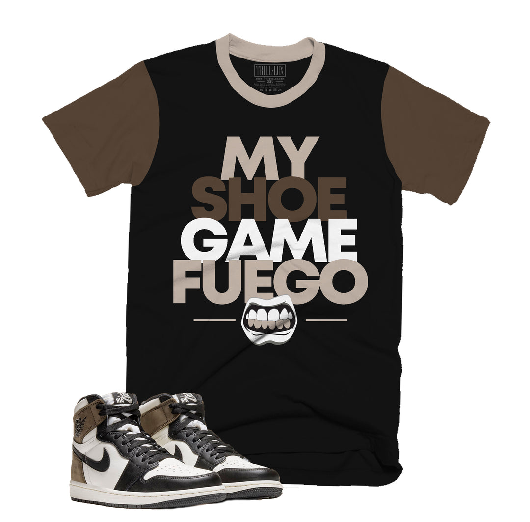 Shoe Game Fuego Tee | Retro Air Jordan 1 Black Mocha Colorblock T-shirt