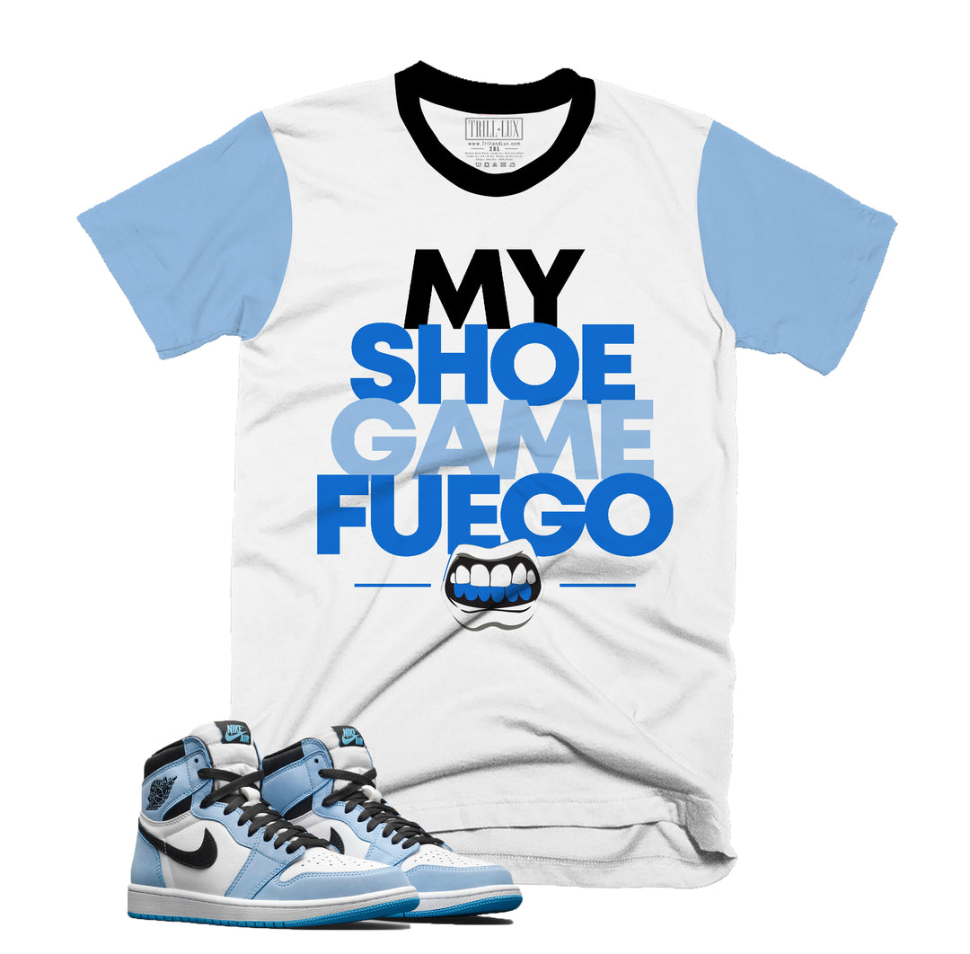 Shoe Game Fuego Tee | Retro Air Jordan 1 University Blue Colorblock T-shirt