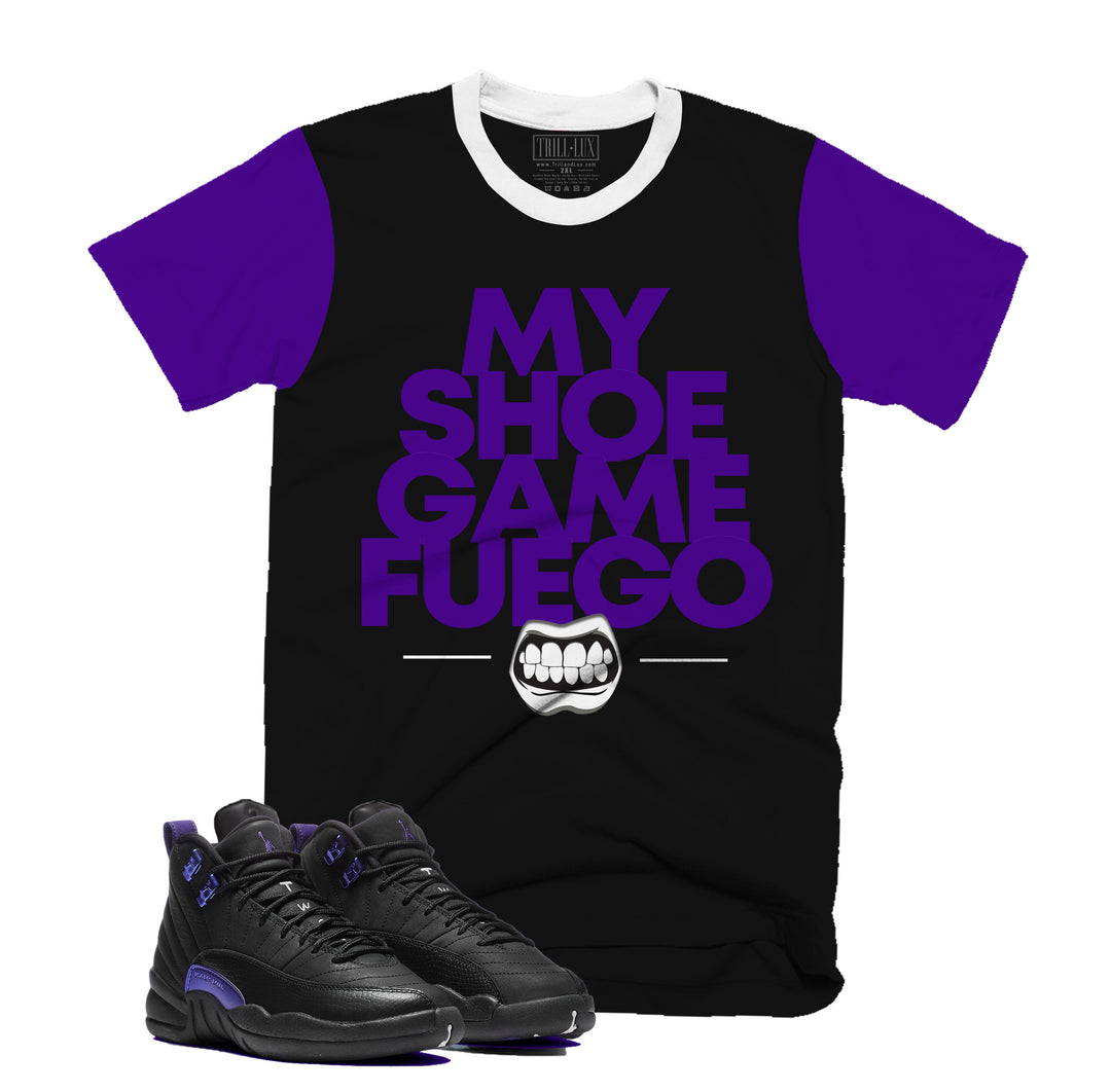 Shoe Game Fuego Tee | Retro Air Jordan 12 Black Concord T-shirt | Purple