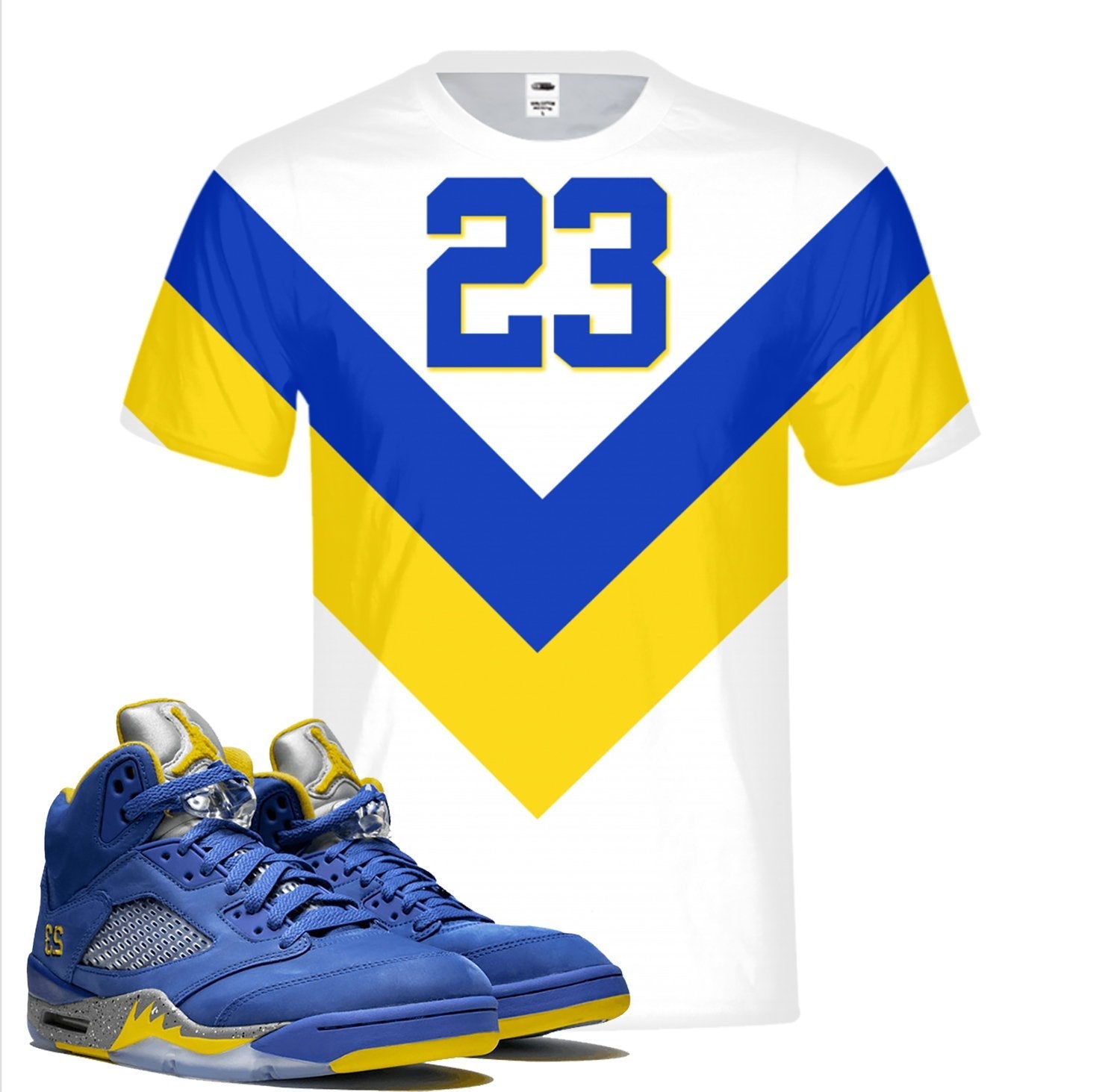 Jordan 5 blue store and yellow shirt