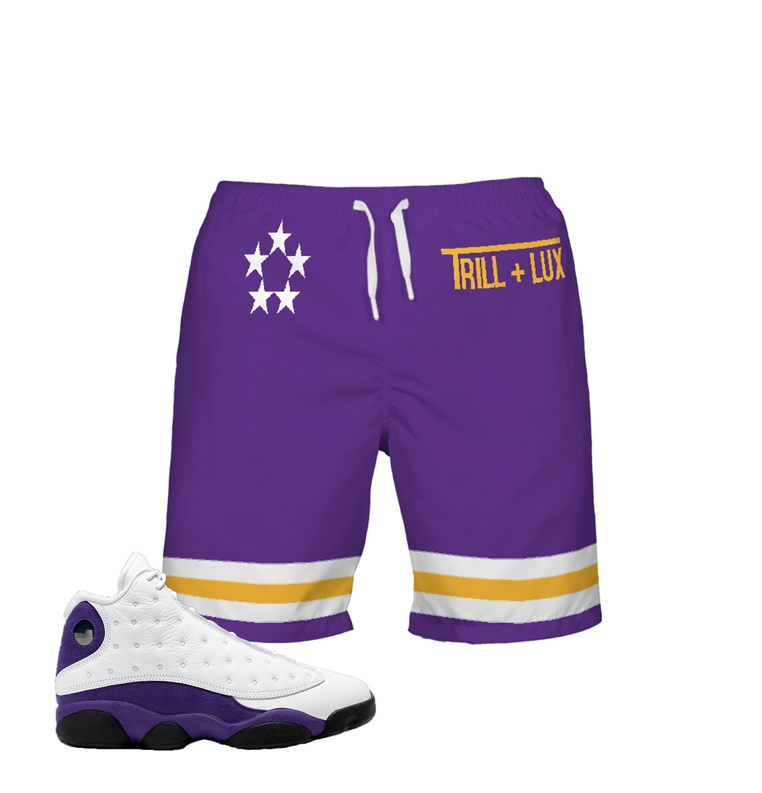 Trill Laker Purple | Retro Jordan 13 Colorblock Swim Trunks | Swim fashion | Designed to Match Air Jordan 13 Sneakers Active XIII
