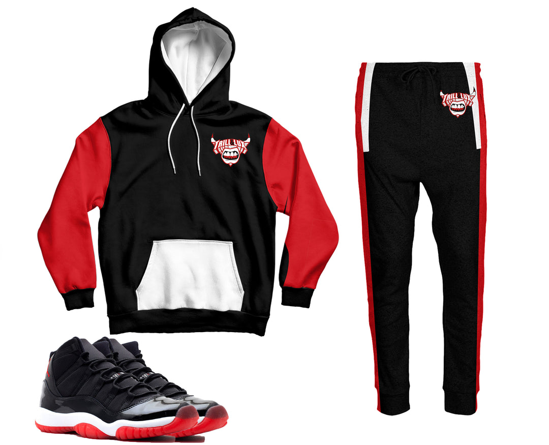 Trill Jordan 11  Bred inspired Hoodie and Jogger Black | Retro  Colorblock | XI Black|Red