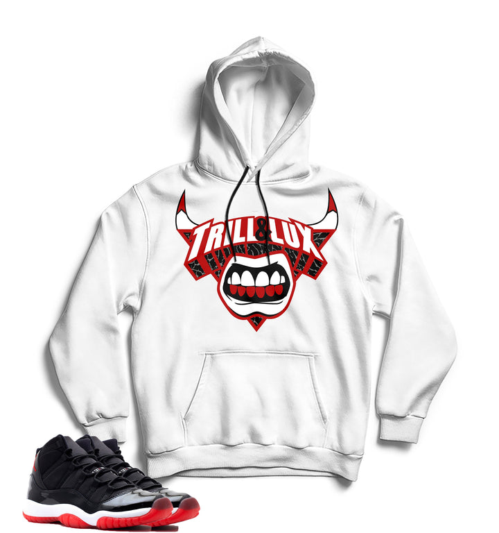 Trill And Lux Bull Grill Hoodie | Retro Jordan 11 Bred Colorblock Hood | Pullover
