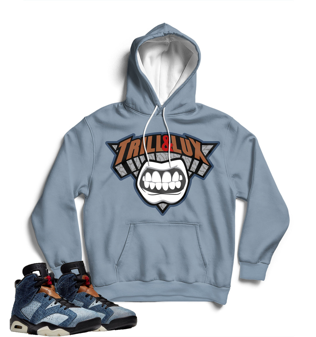 Trill And Lux | Grill Hoodie | Retro Jordan 6 Washed Denim Hood | Pullover |