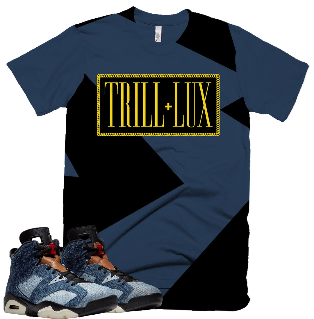 Trill & Lux Fragment Tee | Retro Jordan 6 Washed Denim Colorblock T-shirt |
