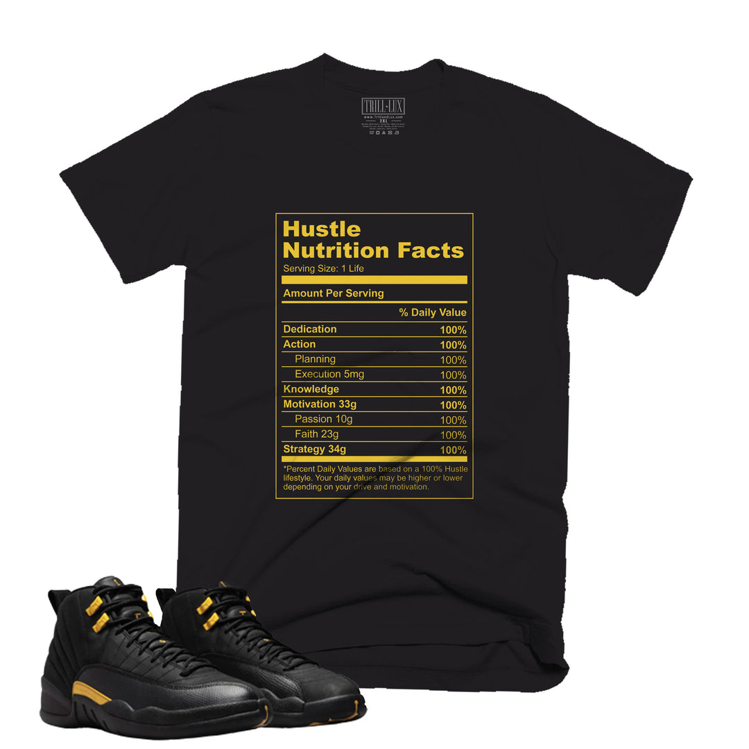 Hustle Nutrition Facts Tee | Retro Air Jordan 12 Black Taxi Colorblock T-shirt