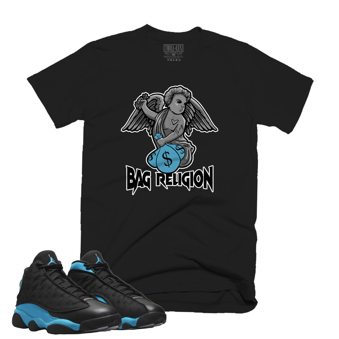 Bag Religion Tee | Retro Air Jordan 13 Black University Blue Colorblock T-shirt