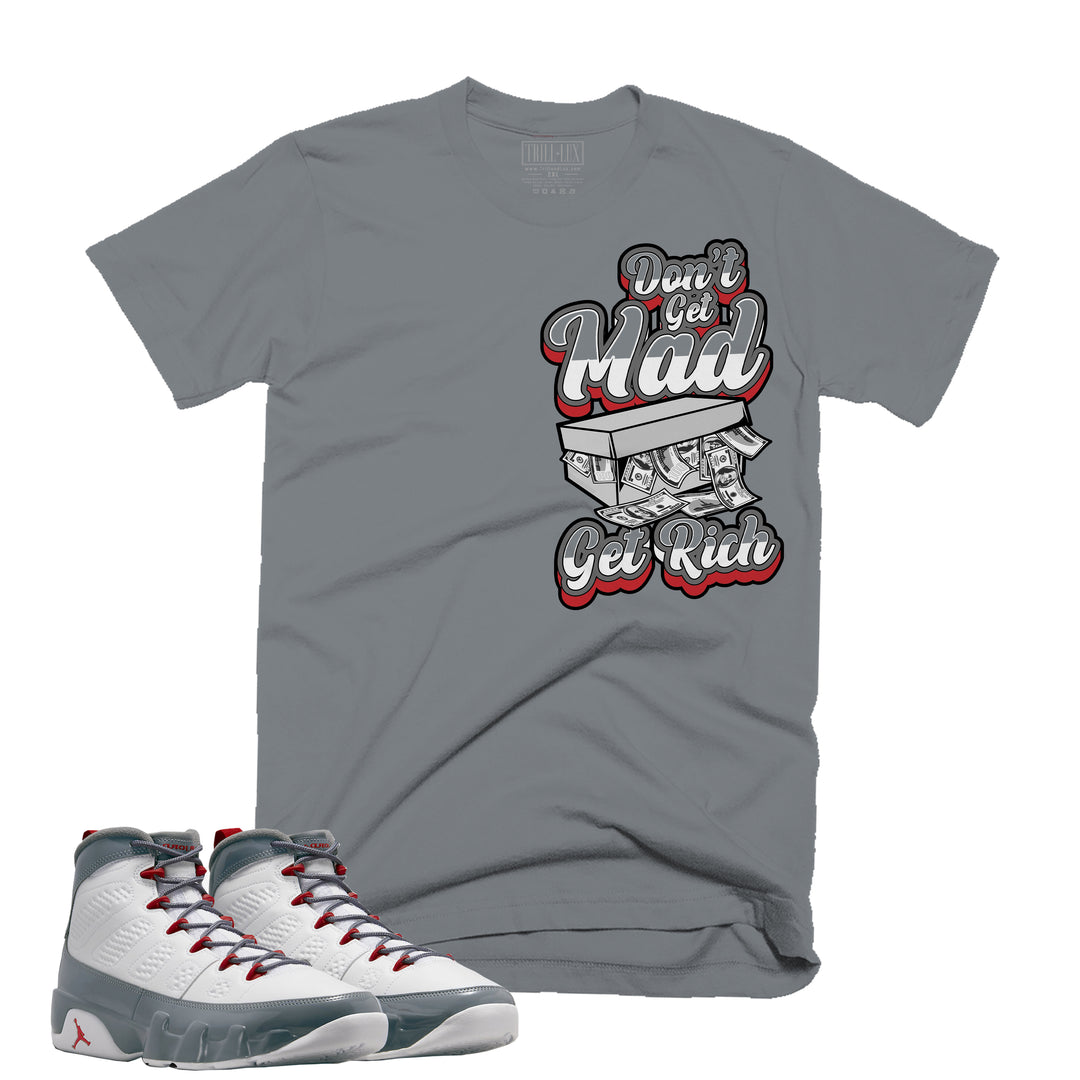 Don't Get Mad Get Rich Tee | Retro Air Jordan 9 Fire Red Colorblock T-shirt