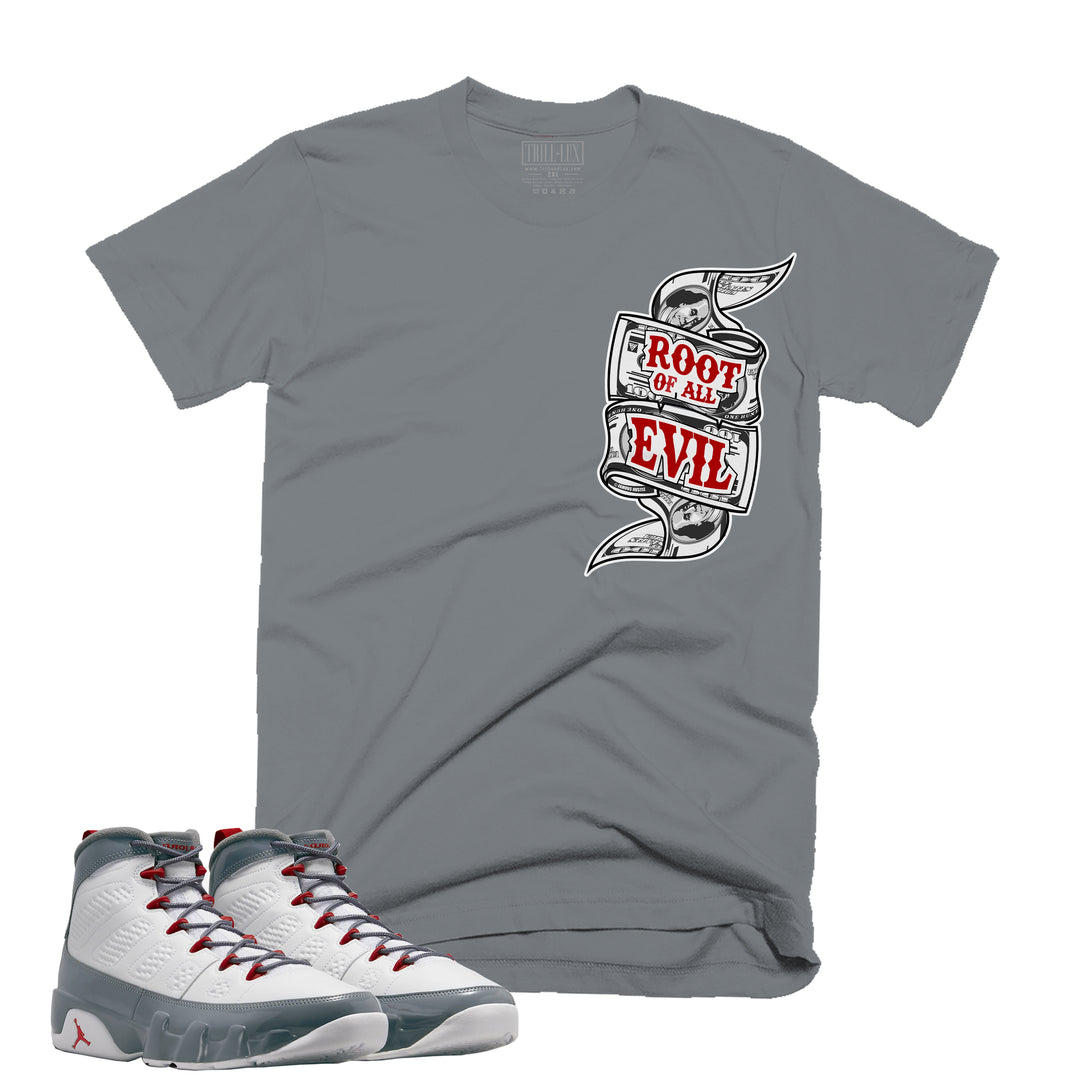Root Of All Evil Tee | Retro Air Jordan 9 Fire Red Colorblock T-shirt