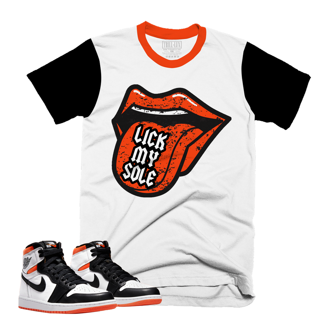 Lick My Sole Tee | Retro Air Jordan 1 Electro Orange Colorblock T-shirt