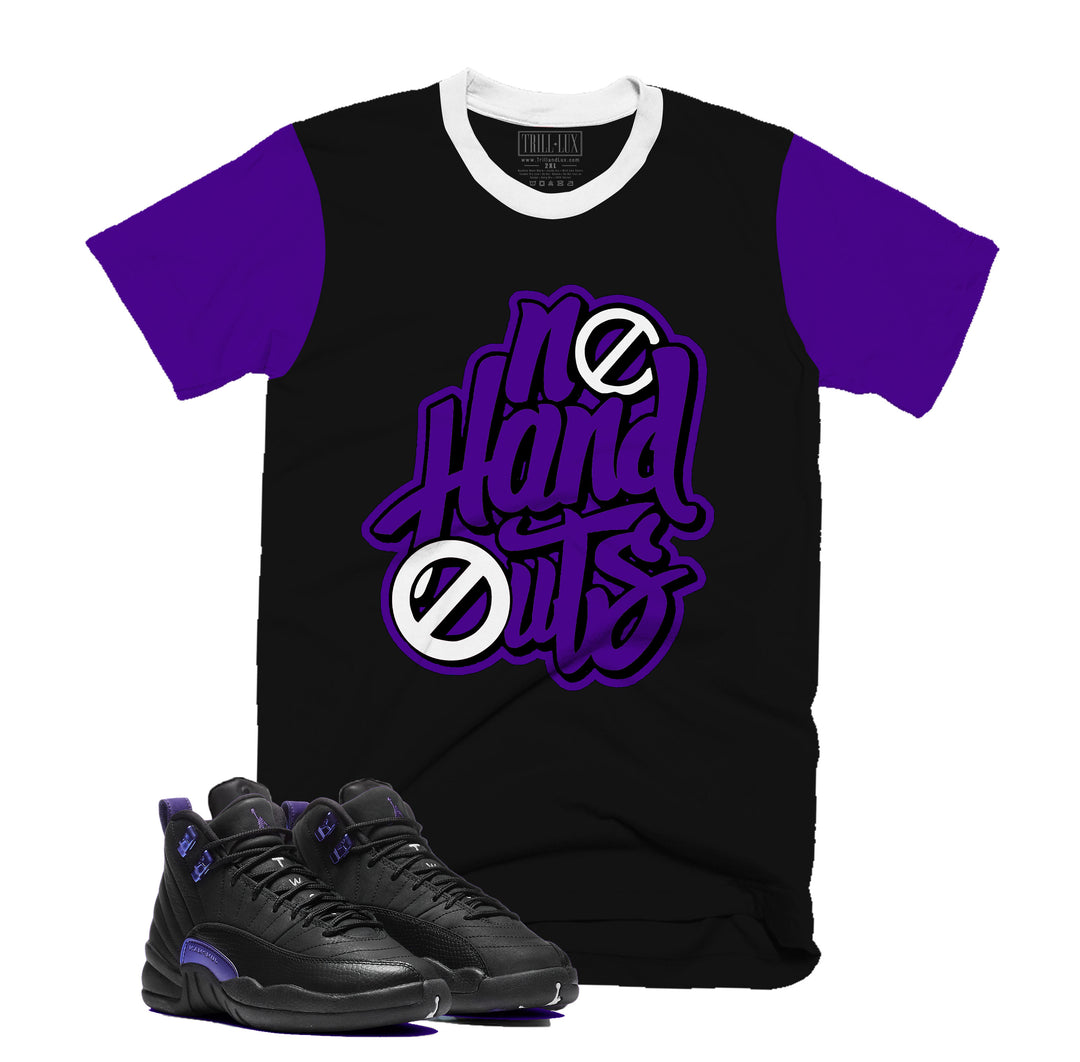 No Hand Outs Tee | Retro Air Jordan 12 Black Concord T-shirt | Purple