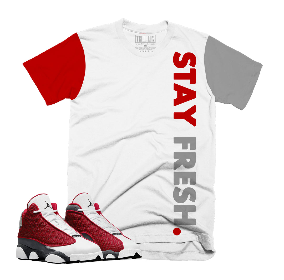 Stay Fresh Tee | Retro Air Jordan 13 Red Flint Inspired Colorblock T-shirt