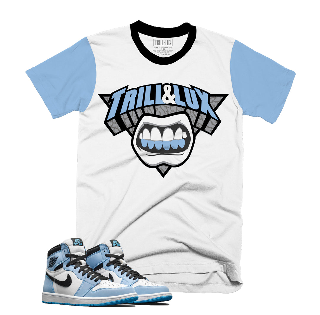 Trill Logo Tee | Retro Air Jordan 1 University Blue Colorblock T-shirt
